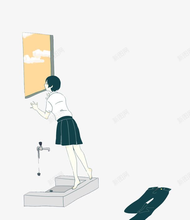 浴室里向窗外眺望的女孩png免抠素材_新图网 https://ixintu.com 女孩 插画 水池 浴室