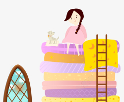 黄色梯子卡通被子上坐着的女孩和狗狗高清图片