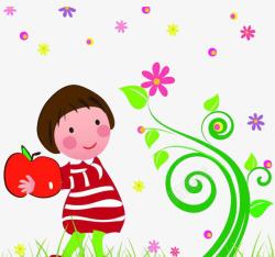卡通手绘拿苹果的小女孩素材
