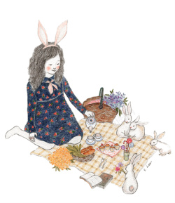 手绘女孩和兔子矢量图素材
