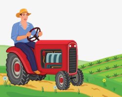 农田农夫开着红色拖拉机的农夫在田里收割高清图片