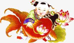中秋节红色小孩抱鱼素材