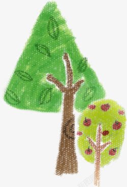 手绘绿色树木卡通素材