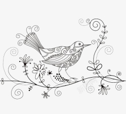 手绘线条花纹鸟素材
