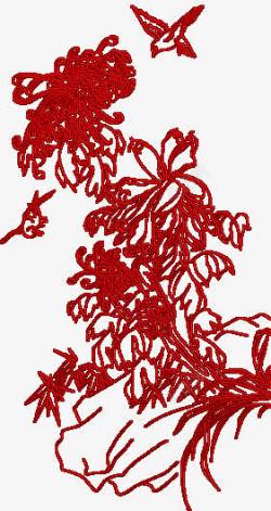 古风红色线条花朵小鸟素材