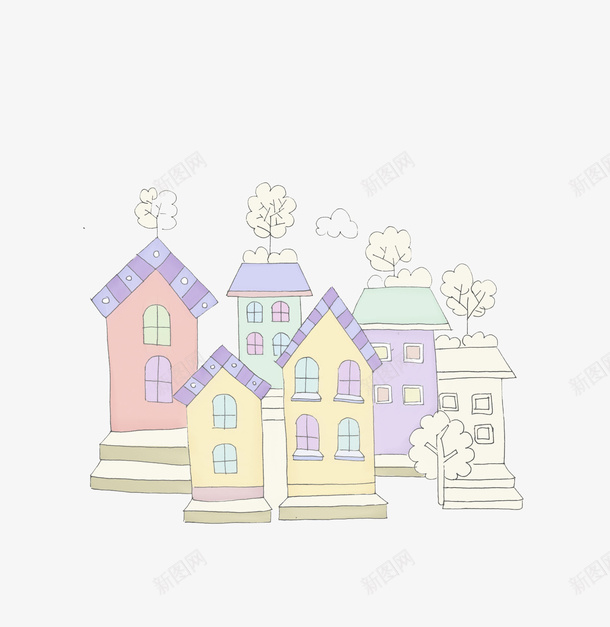 手绘房子png免抠素材_新图网 https://ixintu.com 卡通 建筑 彩色 房子 手绘 树木 水彩 紫色