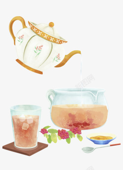 一壶茶手绘西式下午茶红茶一壶茶高清图片
