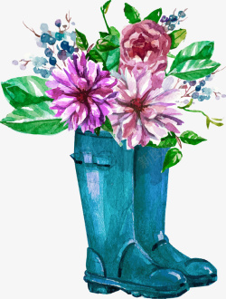 水彩手绘靴子花朵装饰图案矢量图素材