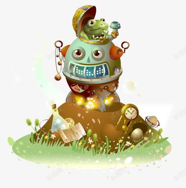 卡通手绘机器人房屋上青蛙png免抠素材_新图网 https://ixintu.com 卡通的动物 平面青蛙素材 房屋上的青蛙 手绘的机器人 手绘的青蛙