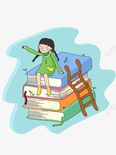 坐在书上的女孩png免抠素材_新图网 https://ixintu.com 可爱 梯子 清新 绿色