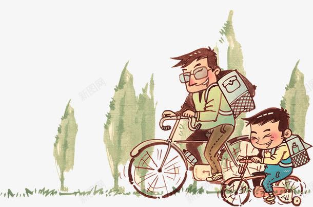 卡通手绘父子俩骑车png免抠素材_新图网 https://ixintu.com h5素材 卡通手绘父子俩骑车 插画