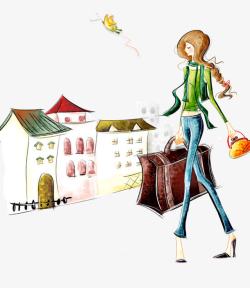 箭镞水彩画女性提行李箱高清图片