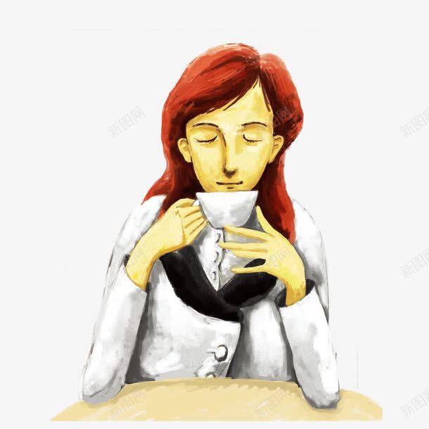 手绘女孩喝咖啡png免抠素材_新图网 https://ixintu.com 喝咖啡 女孩 手绘