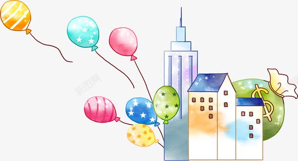 彩色插画艺术气球建筑png免抠素材_新图网 https://ixintu.com 建筑 彩色 插画 气球 艺术
