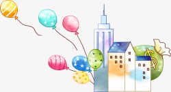 彩色插画艺术气球建筑素材