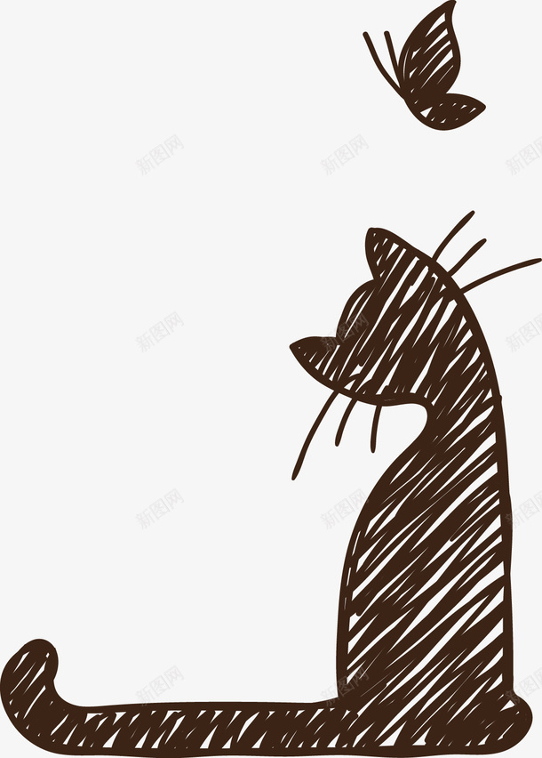 手绘猫矢量图ai免抠素材_新图网 https://ixintu.com 手绘猫 猫 线条 蝴蝶 黑色 矢量图
