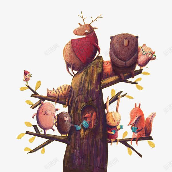 树上的动物们png免抠素材_新图网 https://ixintu.com 动物 插画 树上