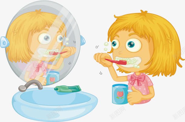 对着镜子刷牙png免抠素材_新图网 https://ixintu.com 保护牙齿 刷牙 照镜子 爱干净的女孩 矢量素材 镜子里的人 预防蛀牙