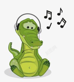 矢量鳄鱼听音乐卡通绿色鳄鱼听音乐高清图片