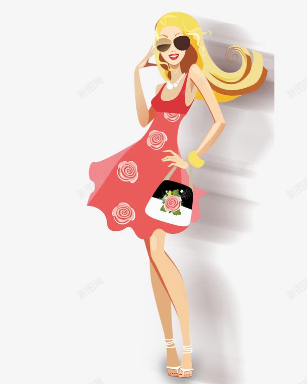 金发女性png免抠素材_新图网 https://ixintu.com 墨镜 手包 时尚女性 红色吊带裙 红色裙子 金发