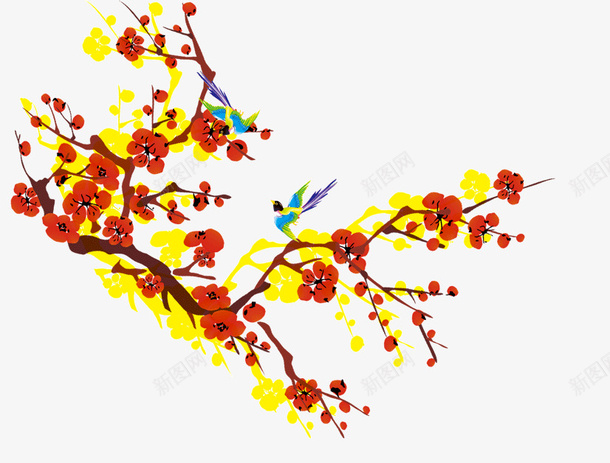 梅花树上的小鸟png免抠素材_新图网 https://ixintu.com 卡通 小鸟 梅花 红色 黄色
