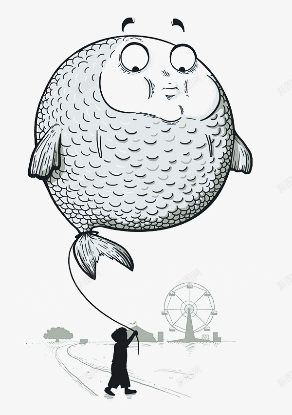 鱼型氢气球png免抠素材_新图网 https://ixintu.com 插画 气球 漫画 男孩 线条图 鱼