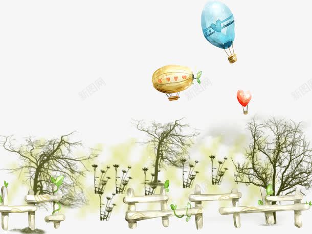 手绘热气球png免抠素材_新图网 https://ixintu.com 小树 小清新 手绘 插画 植物 热气球
