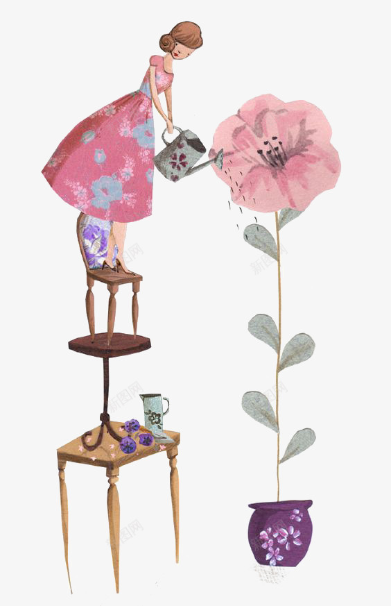 浇花png免抠素材_新图网 https://ixintu.com 创意花朵 勤劳园丁 园丁 手绘花朵 粉色花朵 花匠
