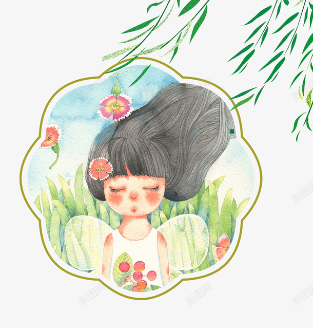 卡通手绘睡觉的女孩psd免抠素材_新图网 https://ixintu.com 免抠手绘女孩 卡通 手绘 树叶装饰 睡觉的女孩 粉色的花朵