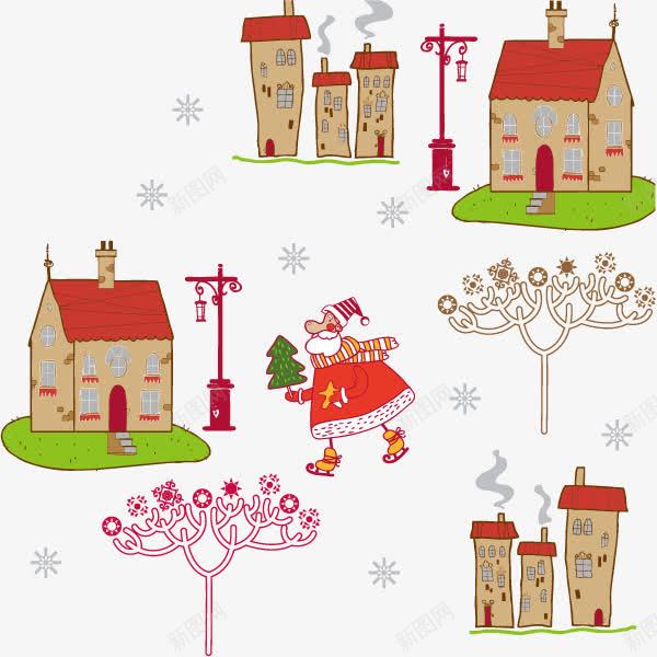 房子和圣诞老人png免抠素材_新图网 https://ixintu.com 圣诞老人 屋子 树 烟囱 路灯