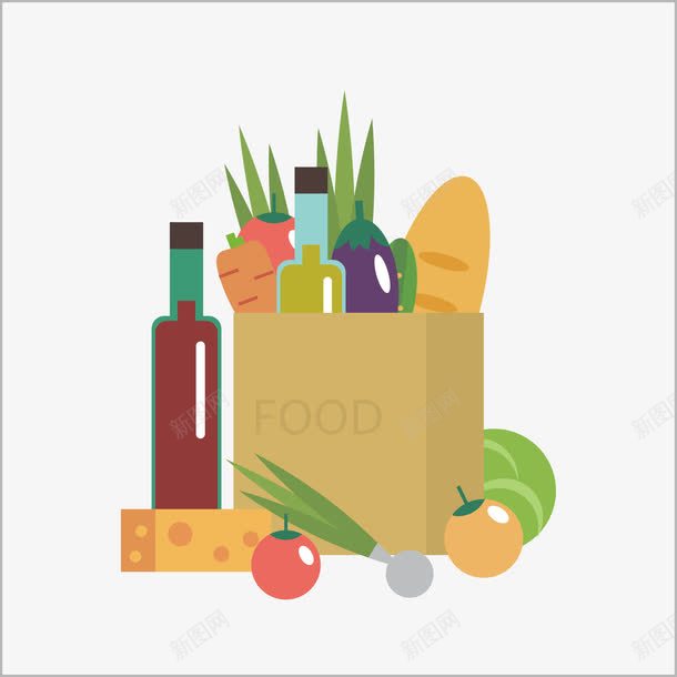 扁平化食物png免抠素材_新图网 https://ixintu.com 红酒 蔬菜 购物袋