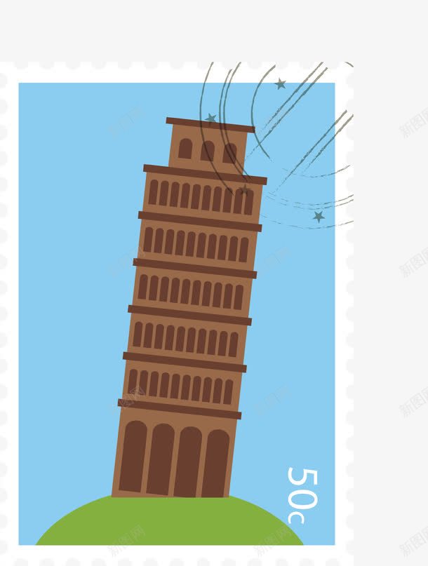 比萨斜塔邮票png免抠素材_新图网 https://ixintu.com 卡通 手绘 比萨斜塔 纪念 邮票