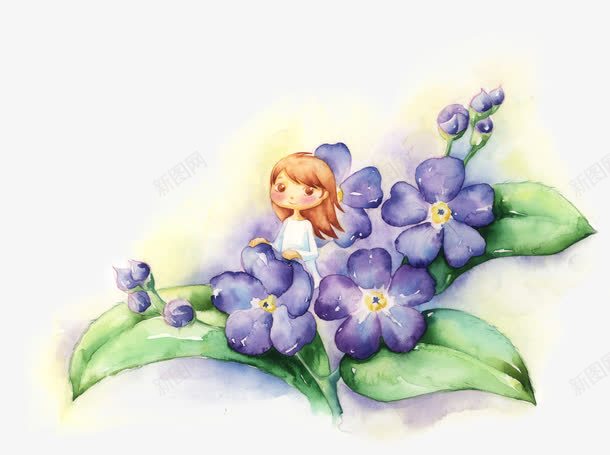 手绘紫色花朵女孩植物png免抠素材_新图网 https://ixintu.com 女孩 植物 紫色 花朵