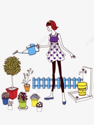 浇花的女人png免抠素材_新图网 https://ixintu.com 卡通 手绘 桶 水龙头 蓝色