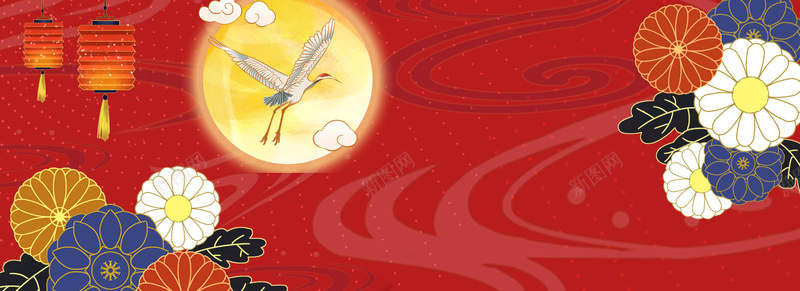中秋圆月花卉背景psd设计背景_新图网 https://ixintu.com 中秋 圆月 灯笼 白鹤 花卉