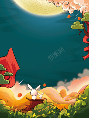 手绘兔子赏月背景图背景