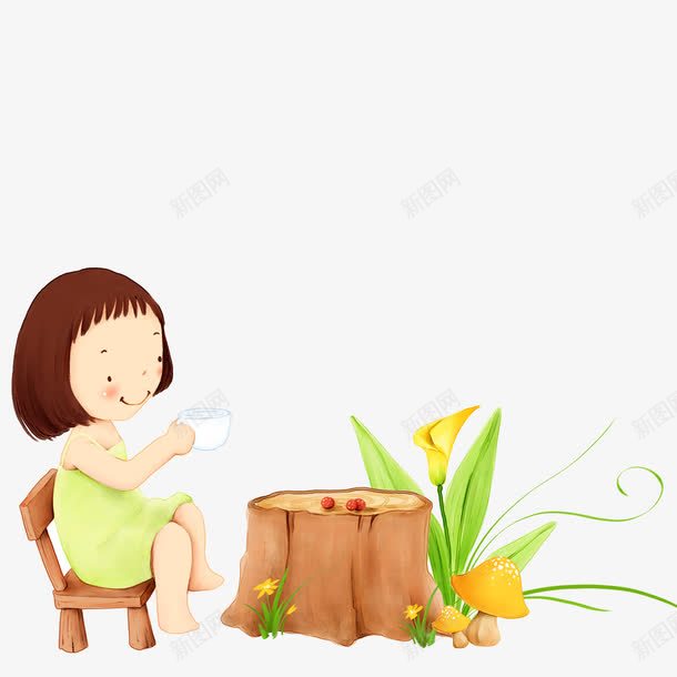 女孩坐在树墩旁喝水png免抠素材_新图网 https://ixintu.com 喝水 女孩 手绘 树墩