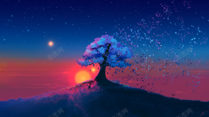 夕阳红树木插画背景