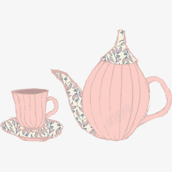 手绘粉色茶具素材