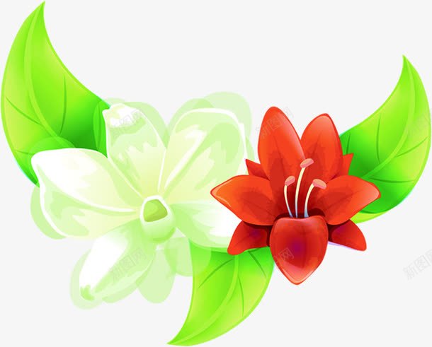彩绘绿色叶子红色花朵png免抠素材_新图网 https://ixintu.com 叶子 彩绘 红色 绿色 花朵