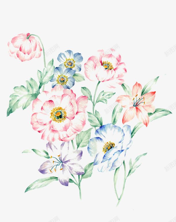 花群相拥png免抠素材_新图网 https://ixintu.com 植物 粉色 紫色 绿叶 花儿 蓝色 鲜花