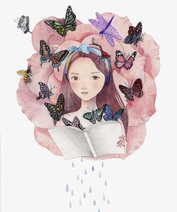 手绘女孩与蝴蝶素材