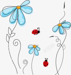 蓝色甲壳虫手绘蓝色小花高清图片