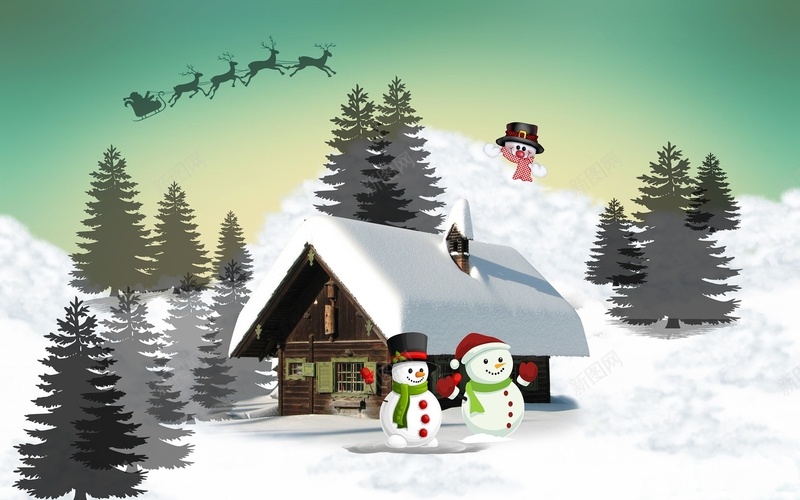 冬天卡通插画jpg设计背景_新图网 https://ixintu.com 北欧风 圣诞树 雪人 雪屋 雪景 雪橇 麋鹿