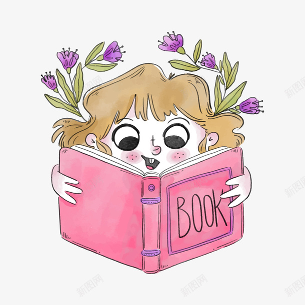 卡通手绘看书的女孩png免抠素材_新图网 https://ixintu.com 创意 动漫动画 卡通手绘 看书的女孩 简约 紫色的花朵