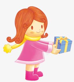 黄围巾卡通拿礼物的女孩高清图片
