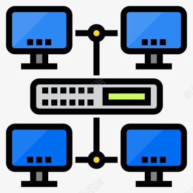 网络计算机和网络4线颜色图标图标