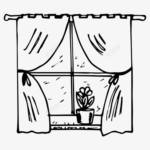 窗户窗帘房子图标svg_新图网 https://ixintu.com 房子 窗帘 窗户 素描