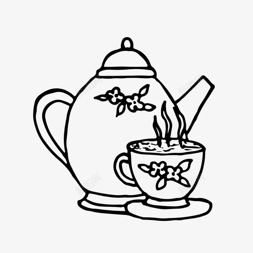 茶壶茶杯手绘图标svg_新图网 https://ixintu.com 手绘 素描 茶壶 茶杯