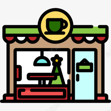 咖啡店圣诞城6线性颜色图标图标